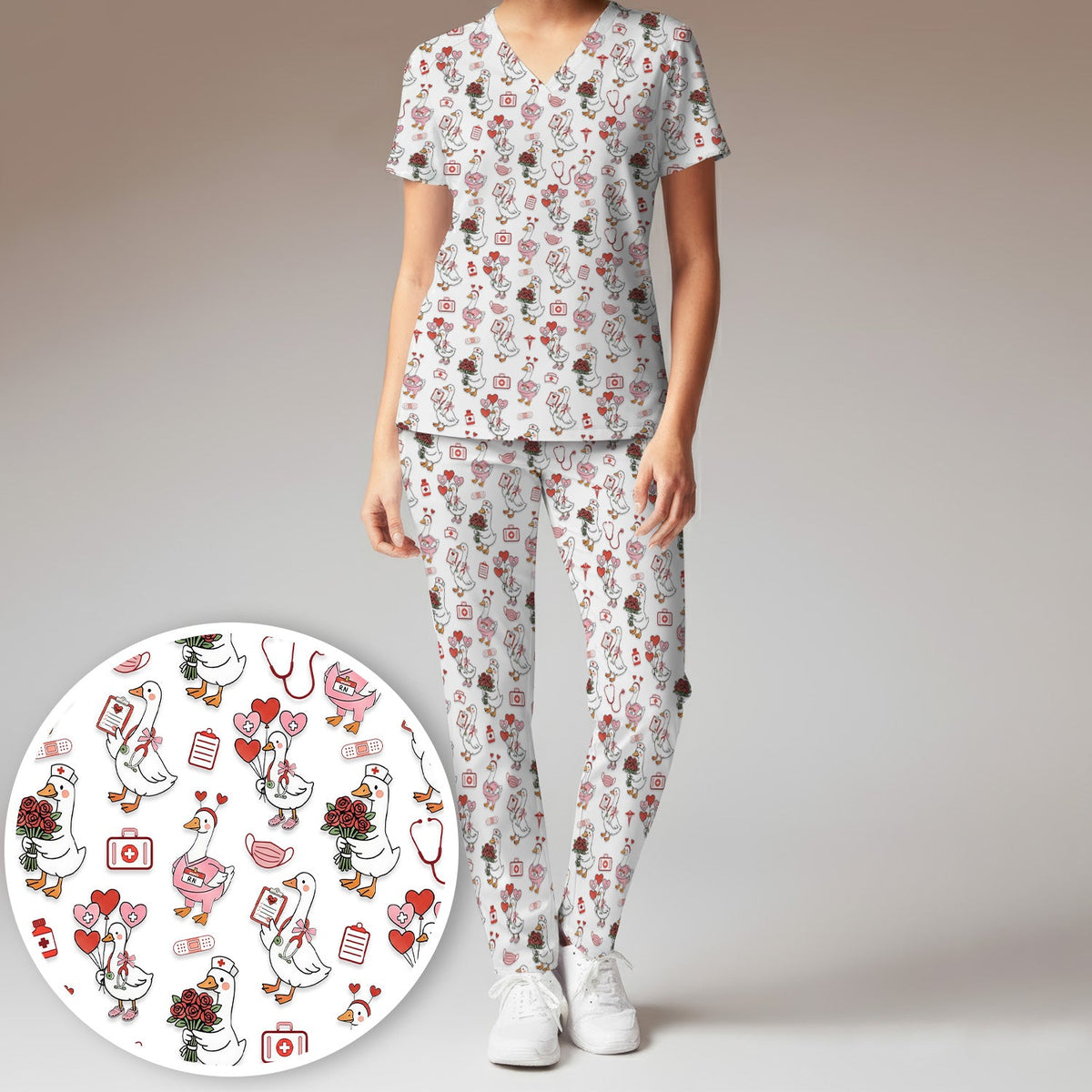 Cute Goose Nurse Medical Pattern Scrub Set, Women's Scrub Sets