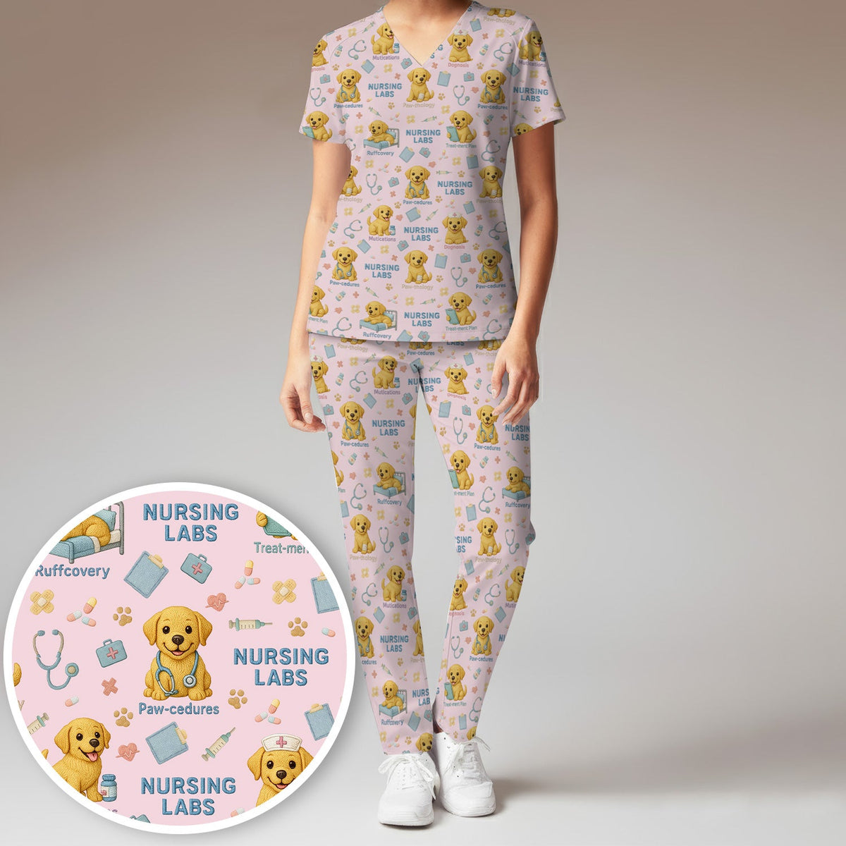 Labrador Nursing Scrub Set, Cute Dog Pattern Nurse Uniform,  Comfortable Scrubs For Nurses