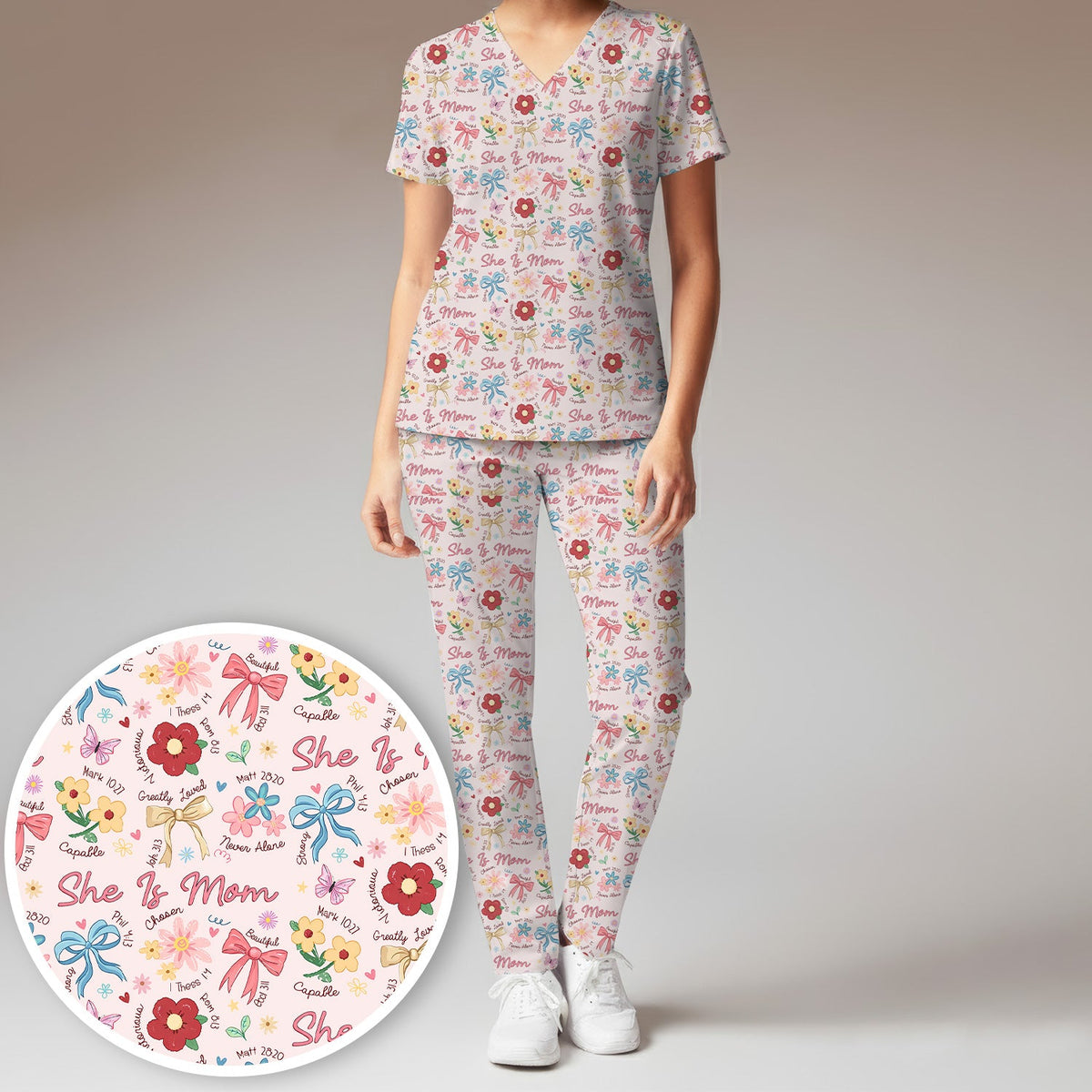 She Is Mom Flower Bow Nurse Scrub Set