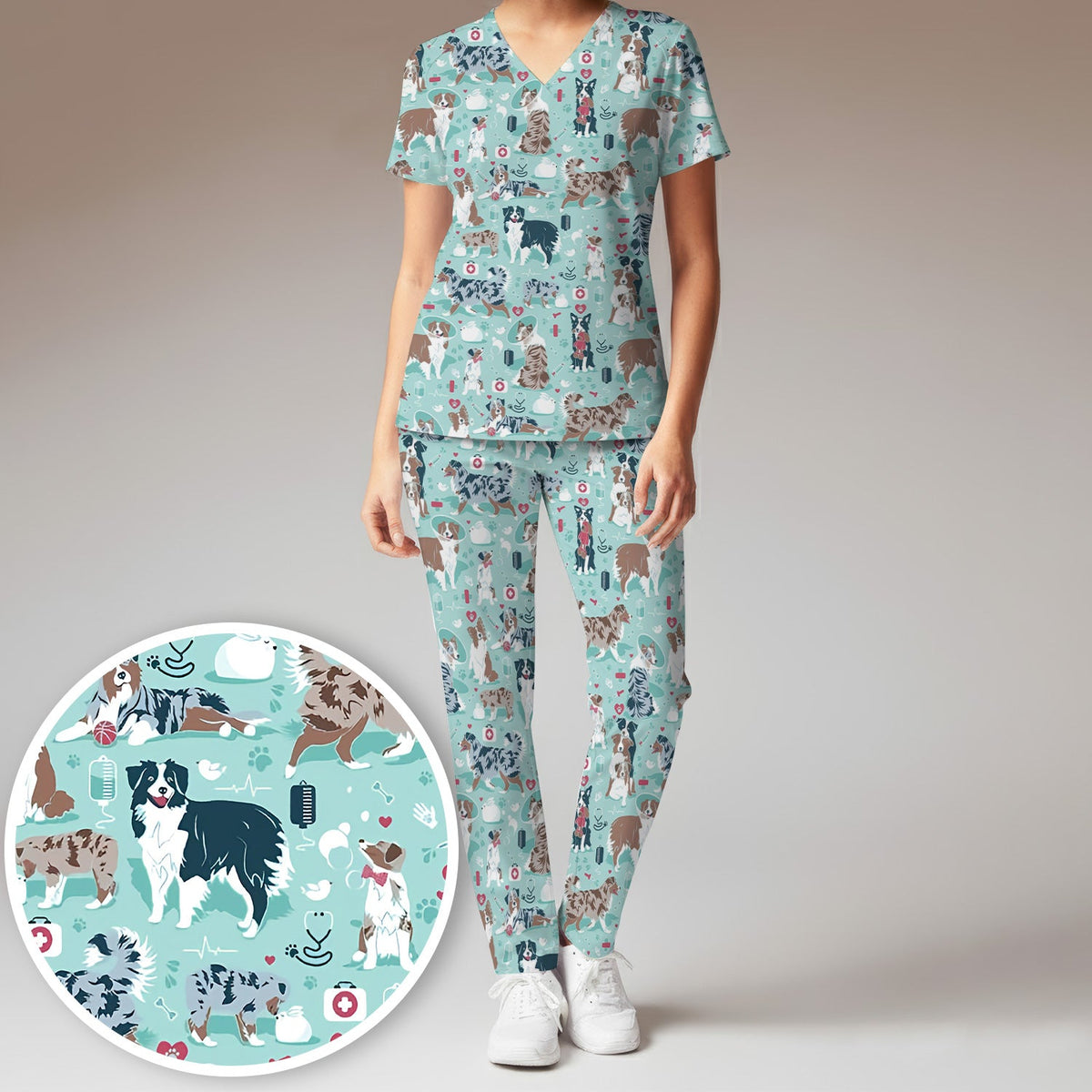 Cute Dog Pattern Women's Veterinary Scrub Set, Scrub Pants and V Neck Top