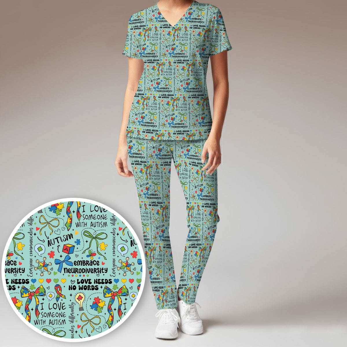 Autism Awareness Puzzle Ribbon Pastel Nurse Scrub Top
