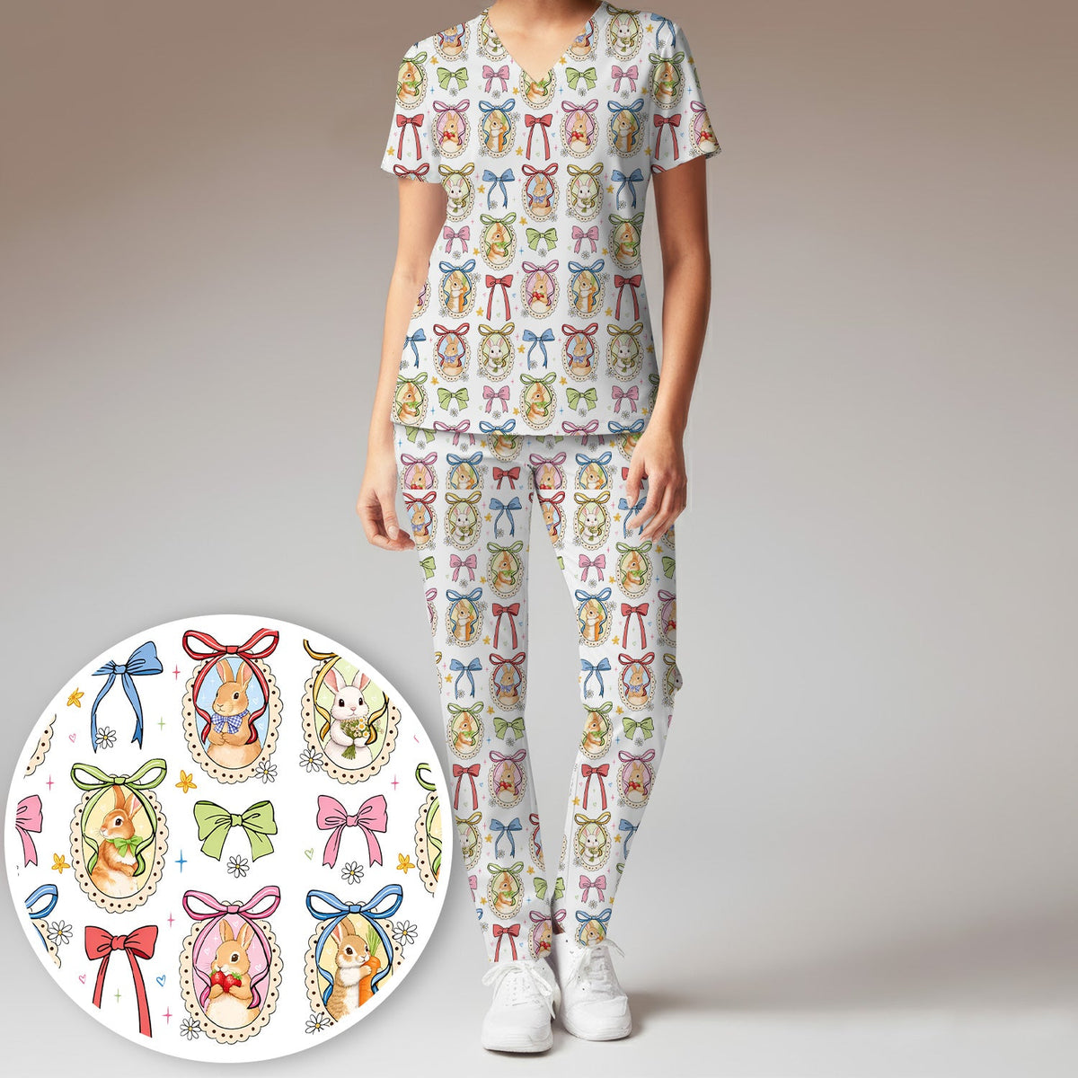Bunny Cameo Bow Nurse Scrub Set - Easter Gift