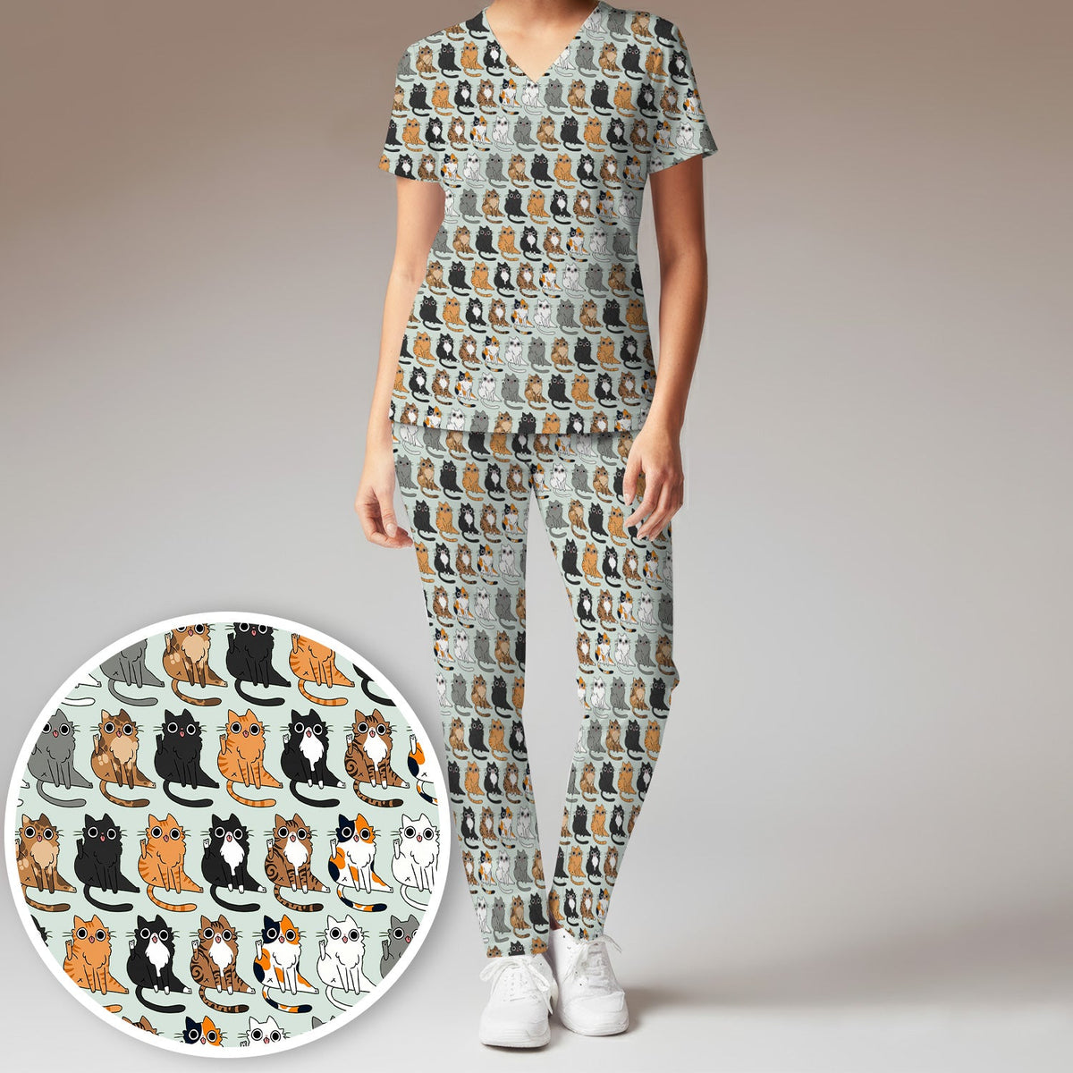 Cat Pattern Nurse Scrub Set