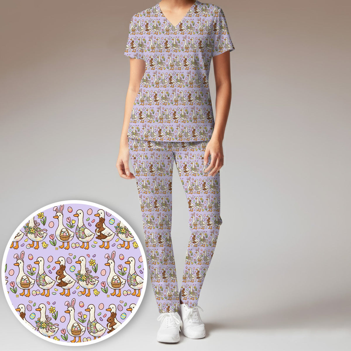 Duck Bunny Egg Floral Nurse Scrub Set - Easter Gift