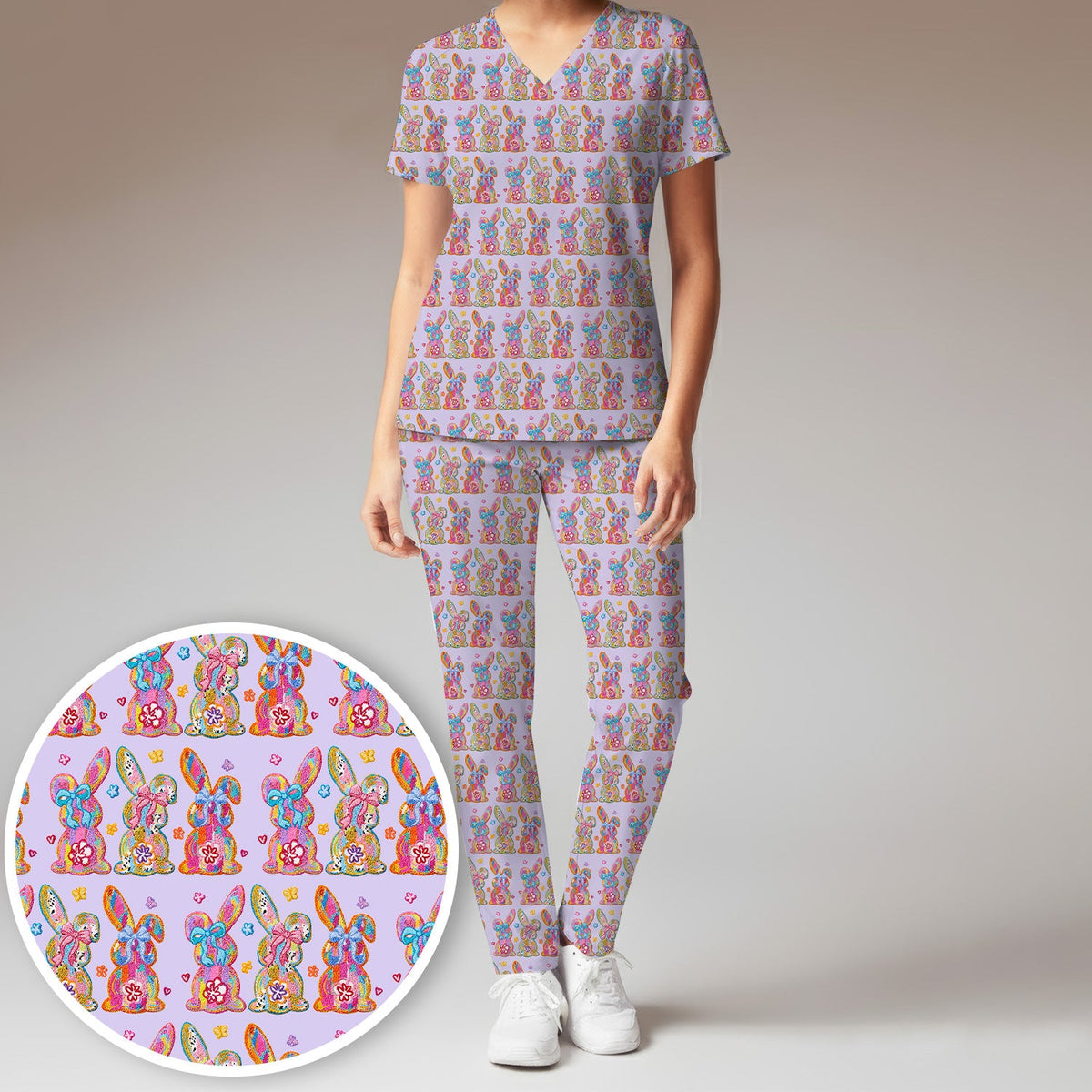 Pastel Bunny Floral Nurse Scrub Set
