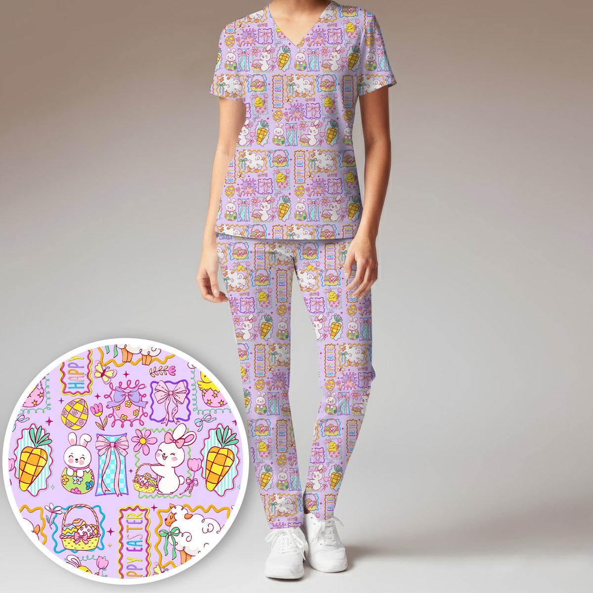 Cute Easter Bunny Egg and Bow Print Scrub Set, Scrub Pants and V Neck Top
