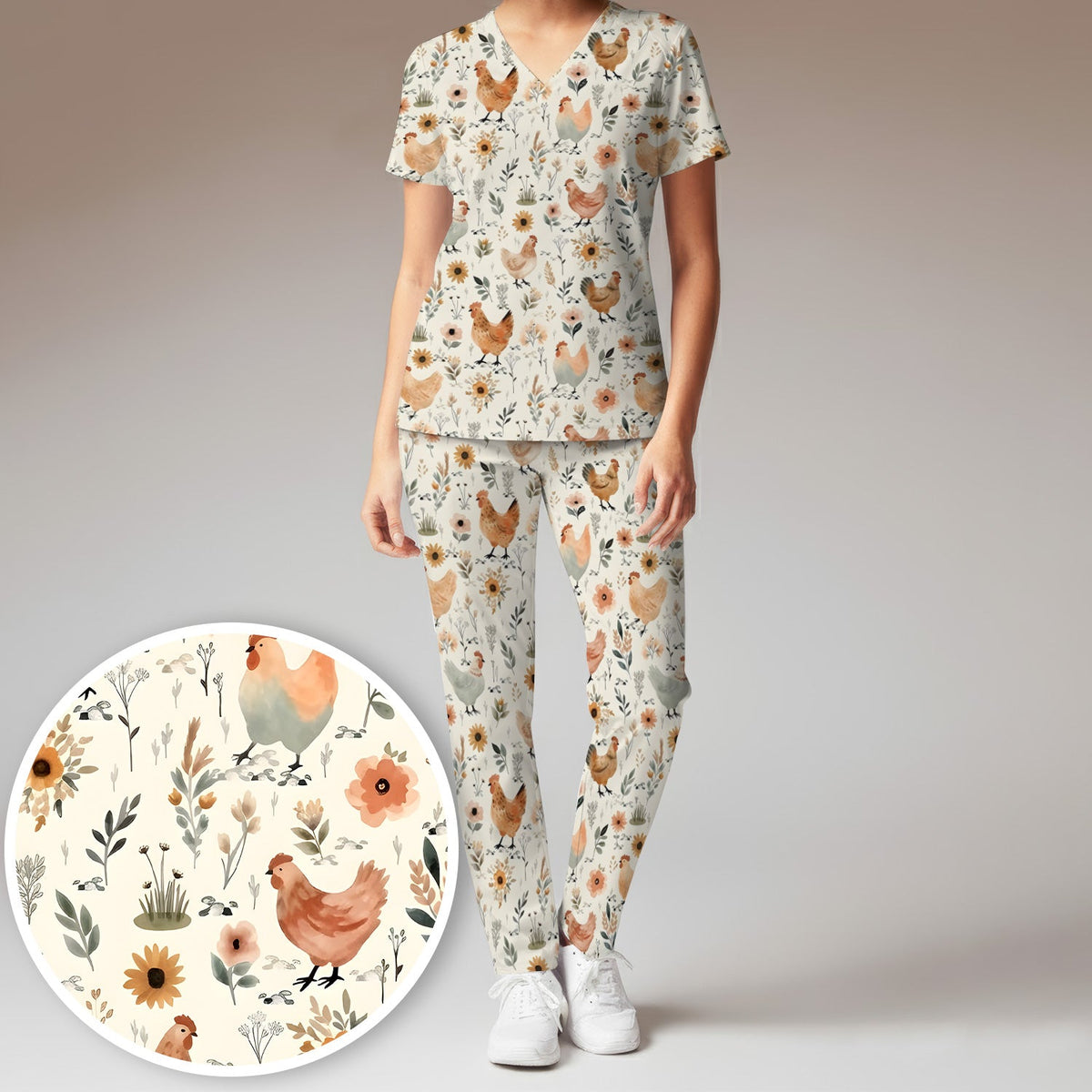 Charming Chicken Floral Farm Pattern Scrub Set, Scrub Pants and V Neck Top