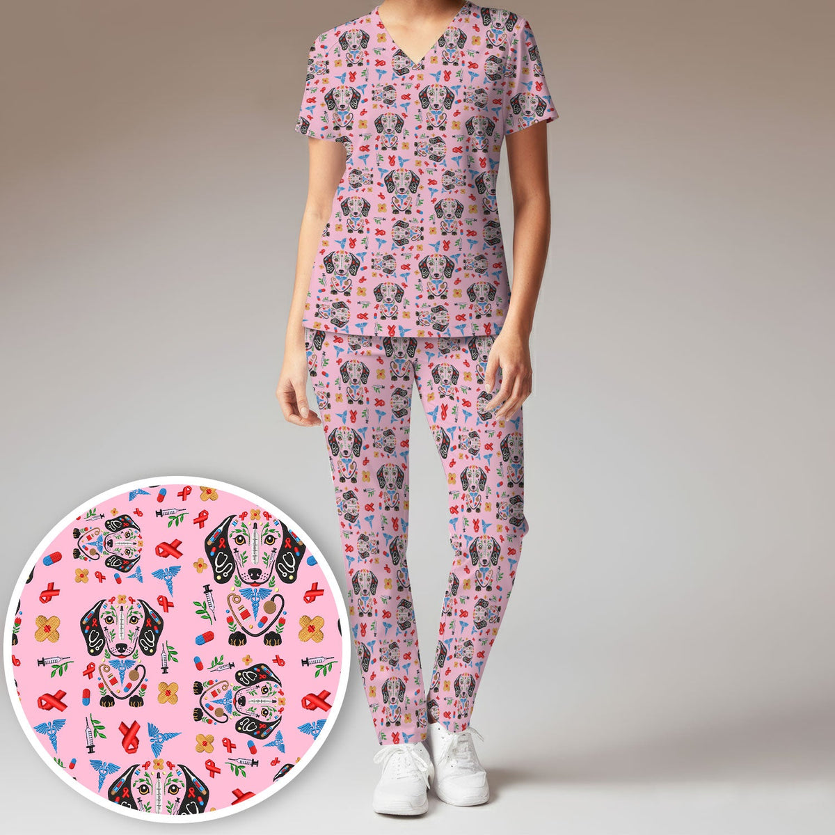 Dachshund Medical Icon Pattern Scrub Set, Women's Scrub Sets
