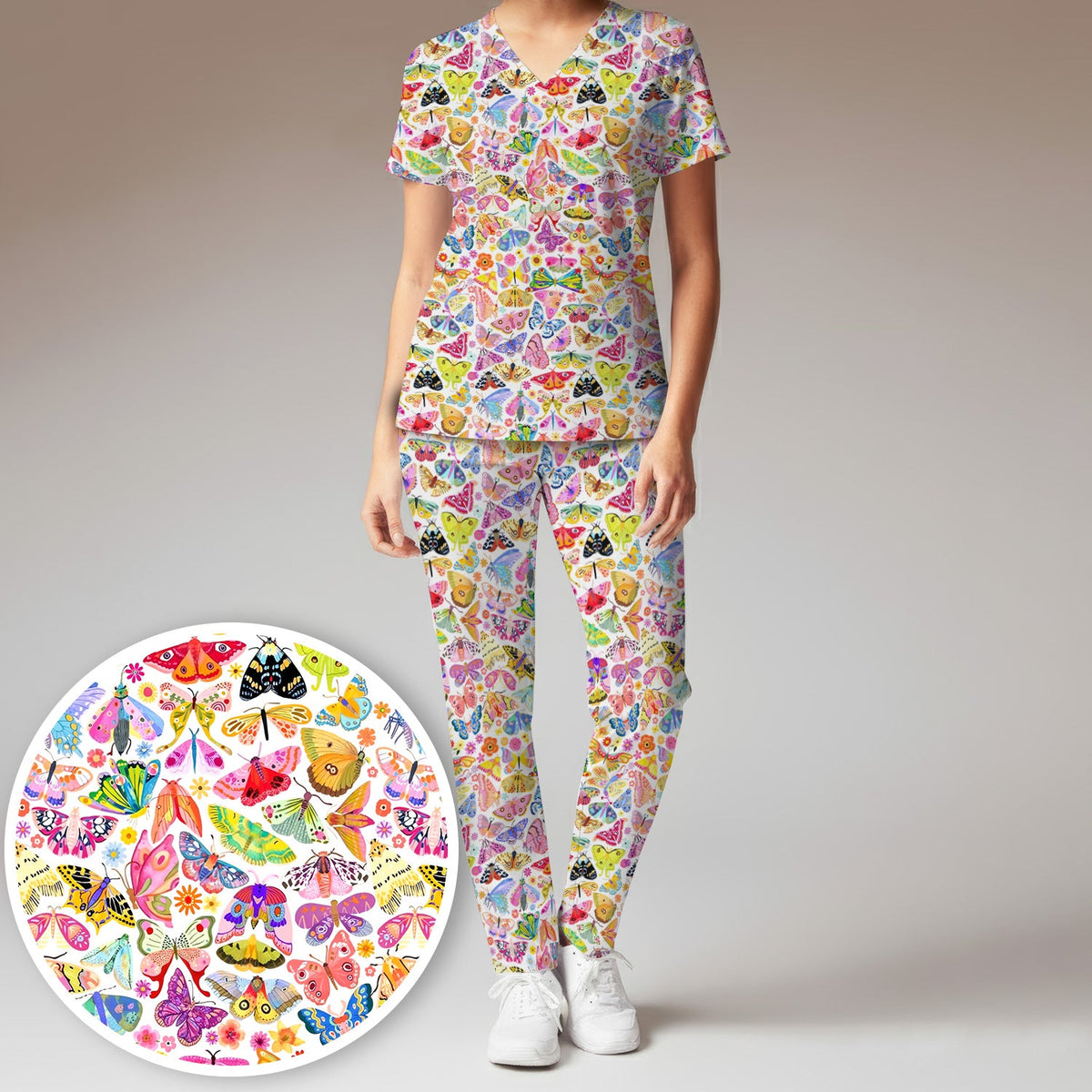 Cute Bright Butterfly Moth Floral Nurse Scrub Set