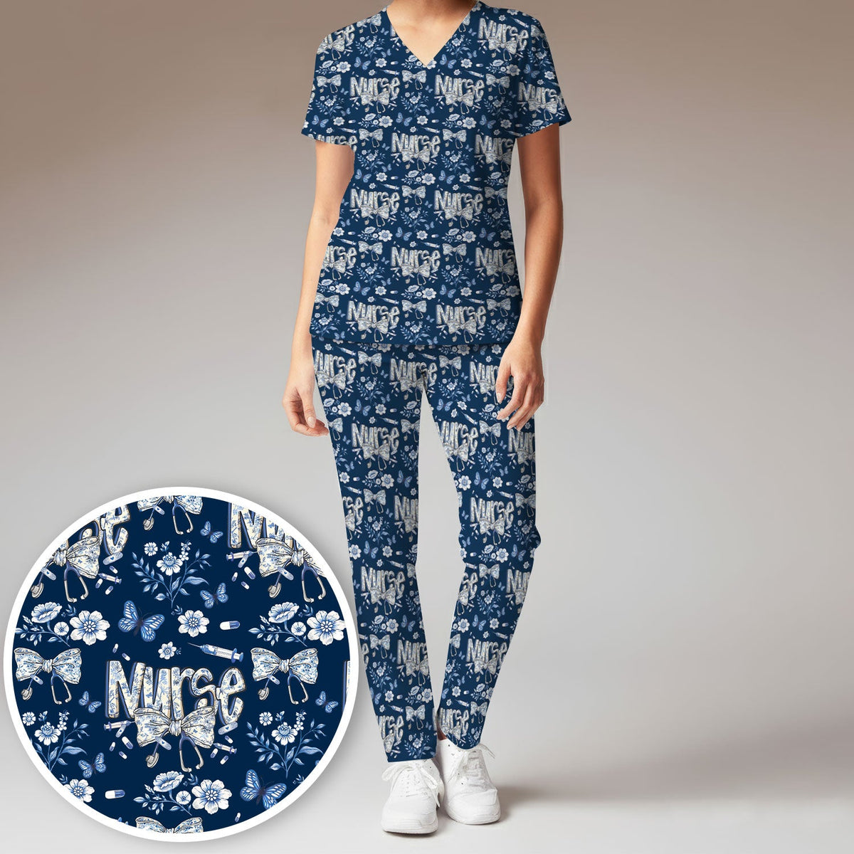 Blue Nurse Bow Butterfly Floral Scrub Set