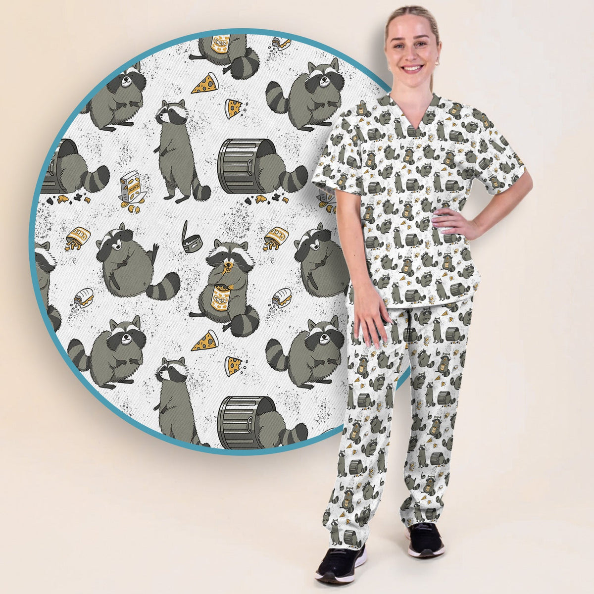 Raccoon Snack Trash Can Nurse Scrub Set