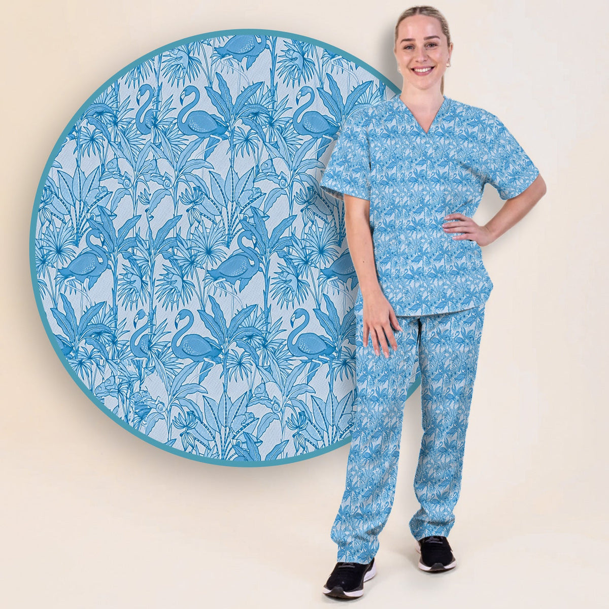 Tropical Flamingo Palm Leaves Nurse Scrub Set