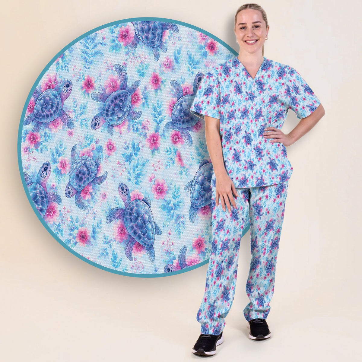 Sea Turtle Floral Nurse Scrub Set