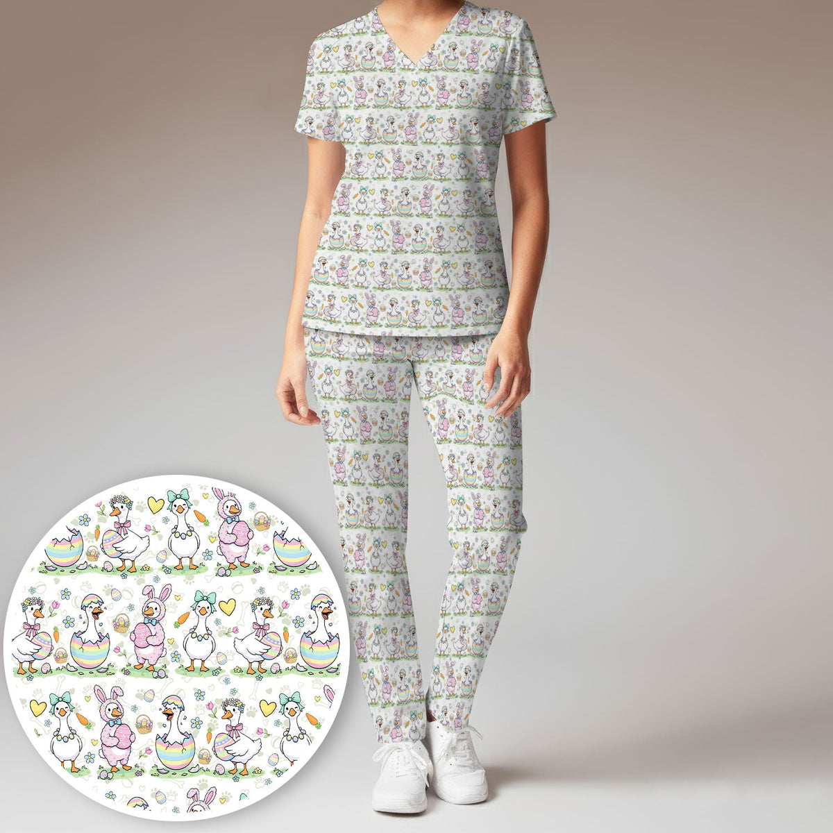 Spring Easter Goose Bunny Nurse Scrub Set