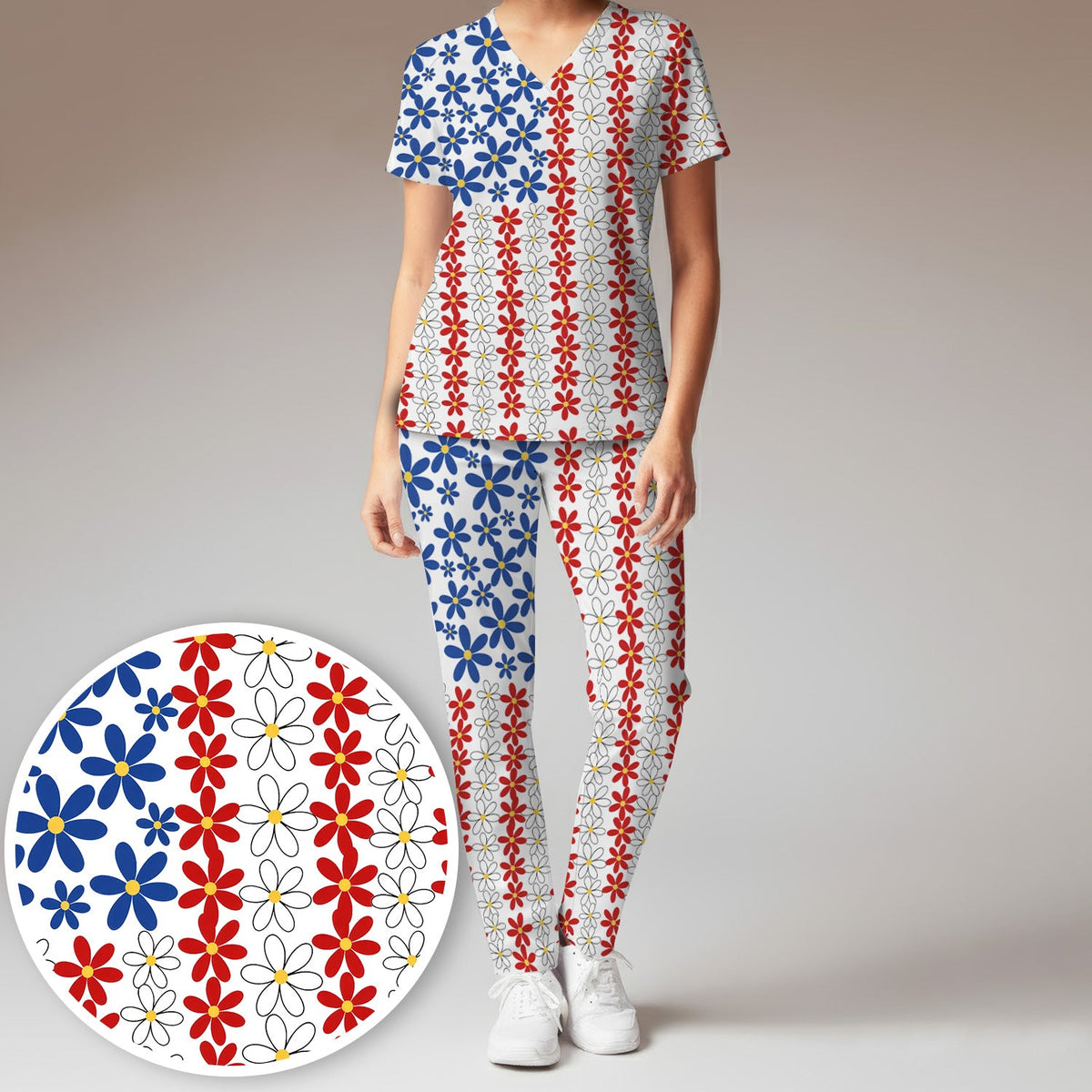 Retro Red Blue Daisy Nurse Scrub Set