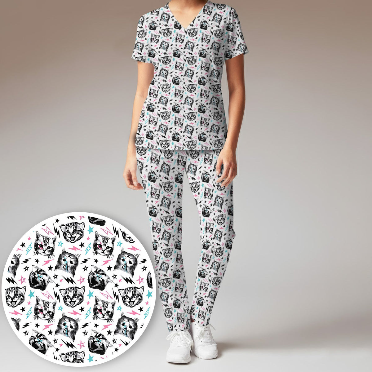 Cat Faces Lightning Nurse Scrub Set