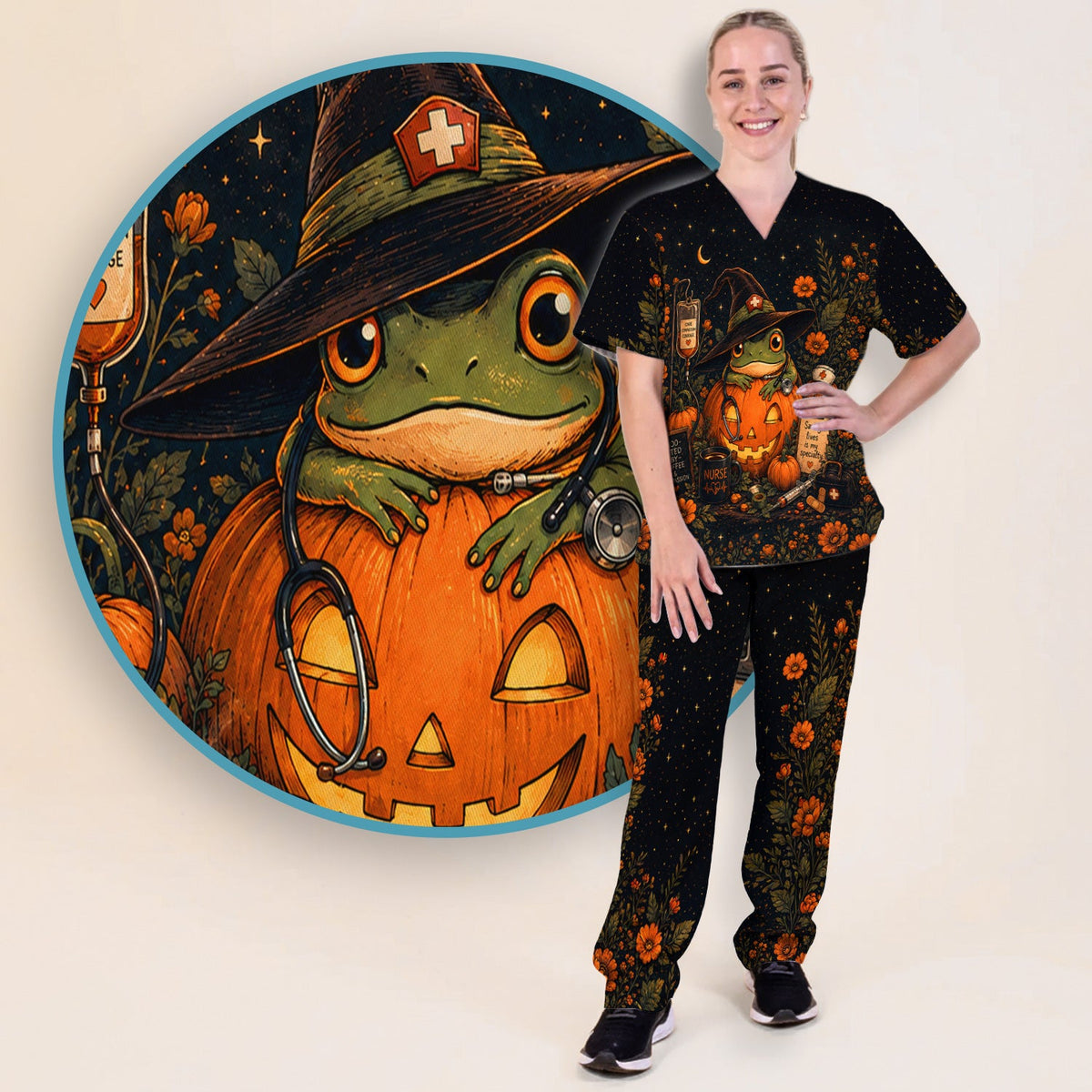 Witch Frog Pumpkin Nurse Scrub Set - Halloween Gift