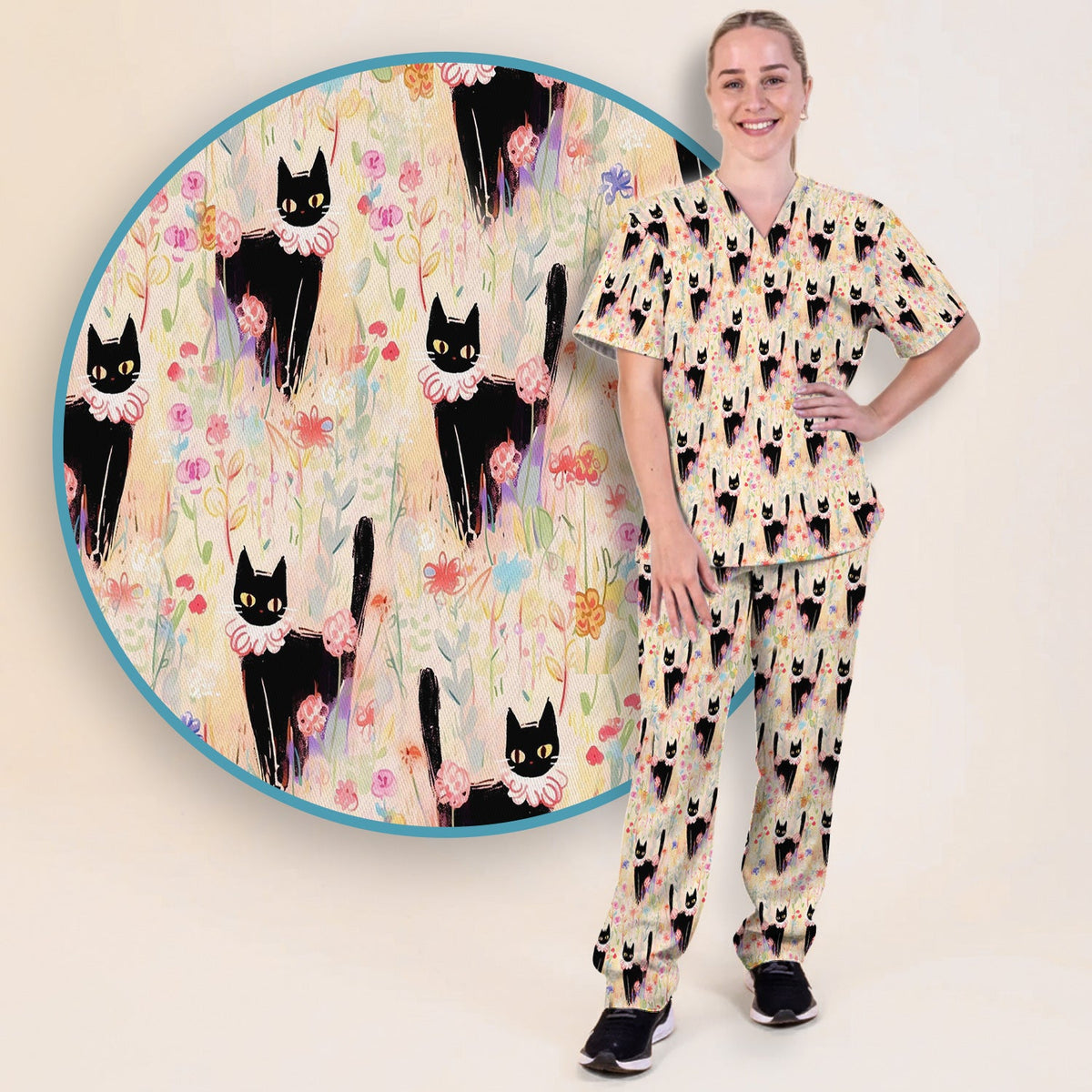 Black Cat Floral Garden Nurse Scrub Set