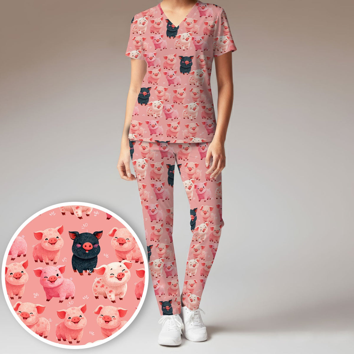 Funny Farm Pig Cartoon Pattern Scrub Set, Nurse Uniform Scrubs Set
