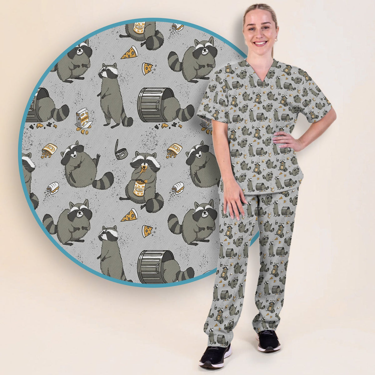 Raccoon Snack Trash Can Nurse Scrub Set