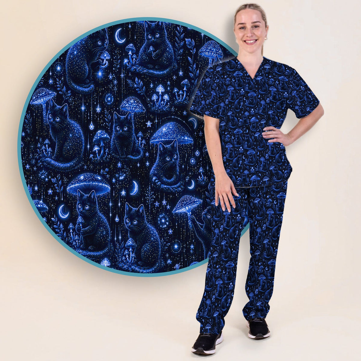 Celestial Black Cat Mushroom Nurse Scrub Set