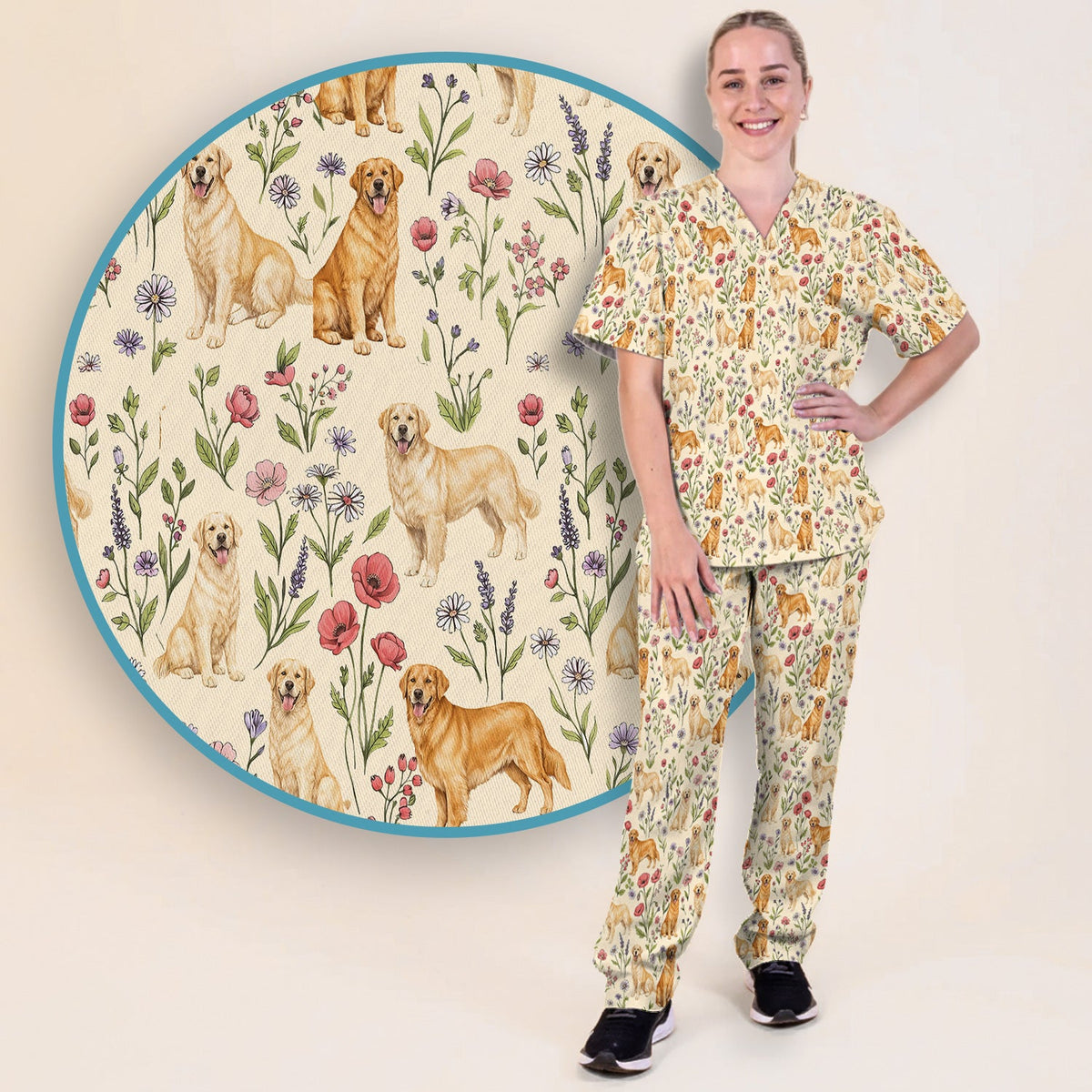 Golden Retriever Floral Nurse Scrub Set