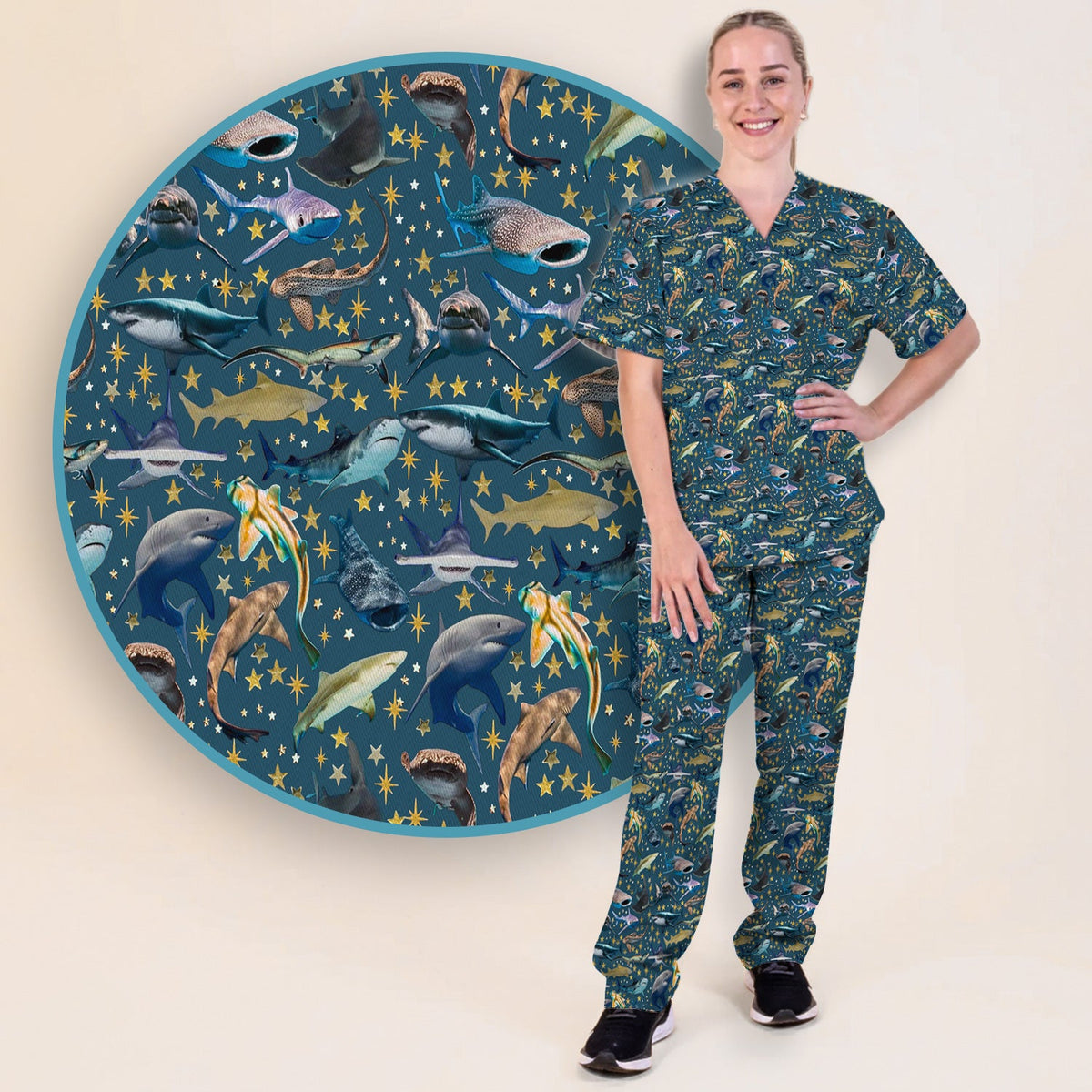 Colorful Shark Ocean Nurse Scrub Set