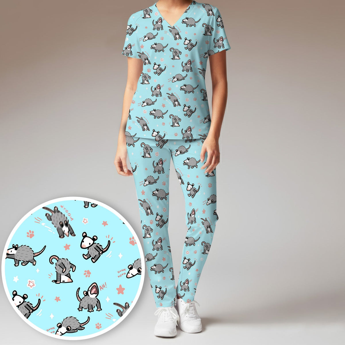 Cartoon Opossum Nurse Scrub Set
