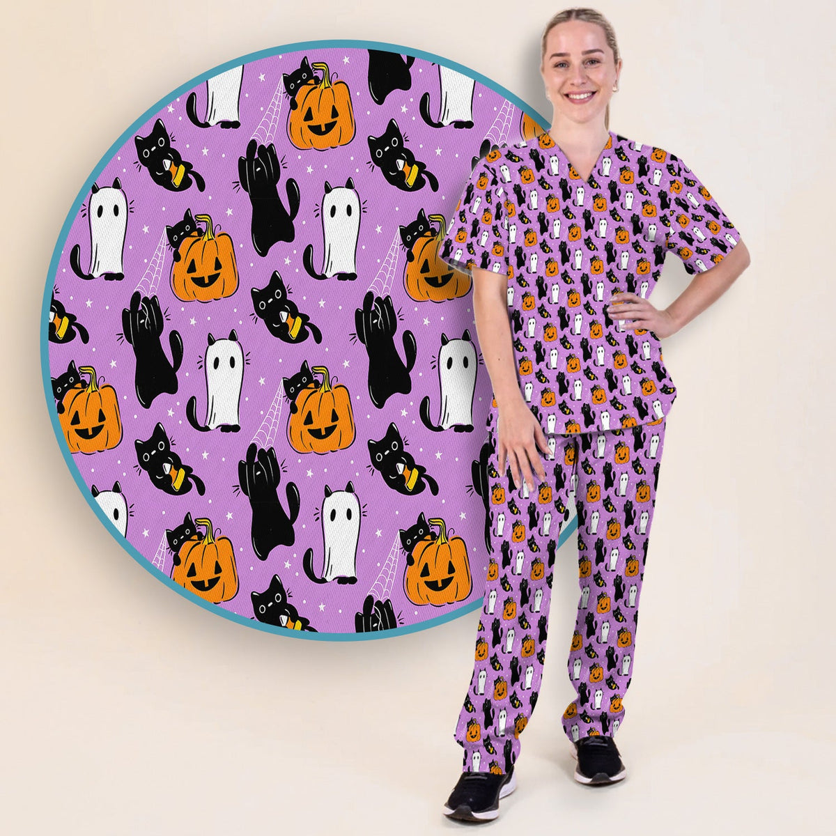 Purple Halloween Black Cat Nurse Scrub Set
