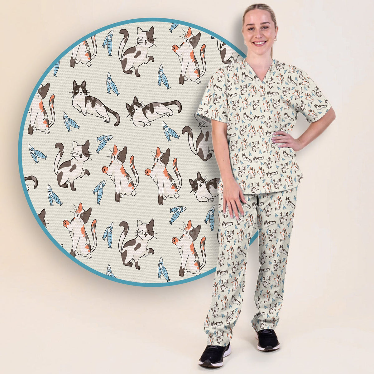 Playful Cats Fish Nurse Scrub Set