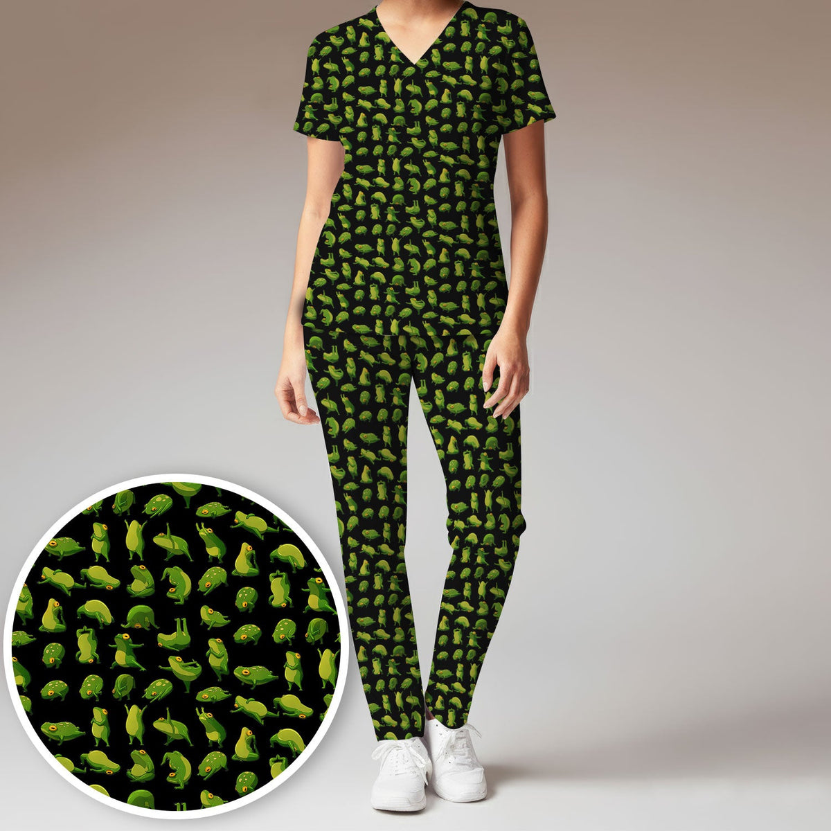 Cute Frog Cartoon Pattern Scrub Set, Breathable Med Uniform