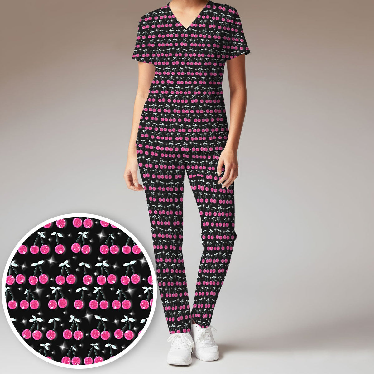 Pink Cherry Sparkle Nurse Scrub Set