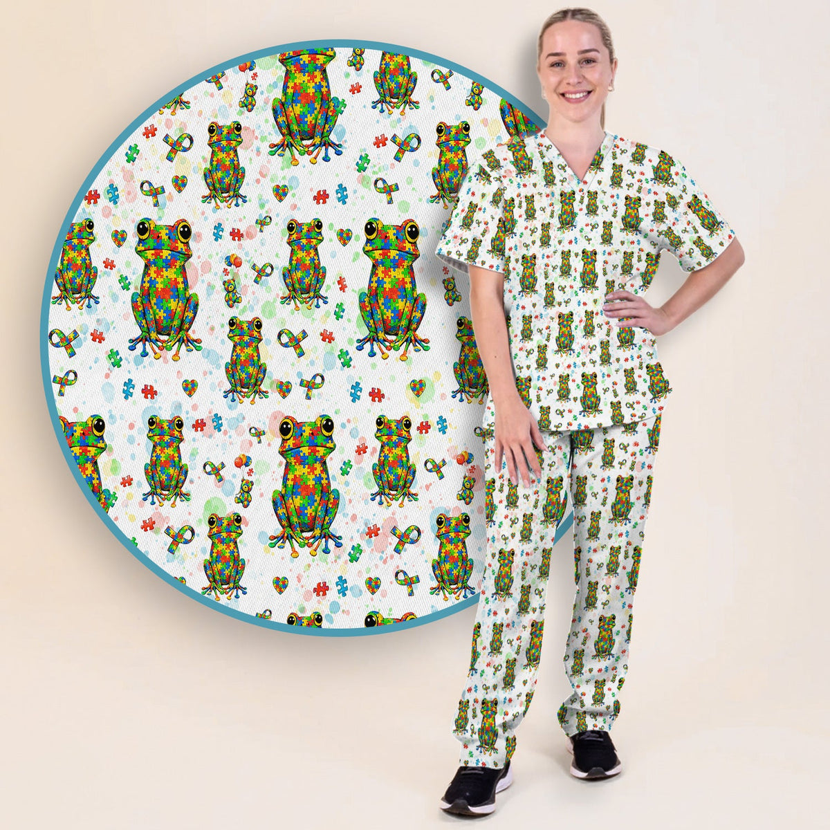 Colorful Autism Puzzle Frog Nurse Scrub Set