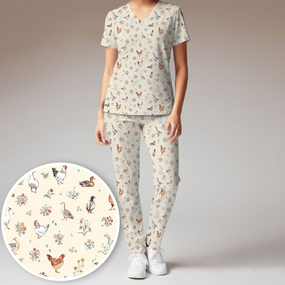 Farm Chicken Duck Floral Nurse Scrub Set