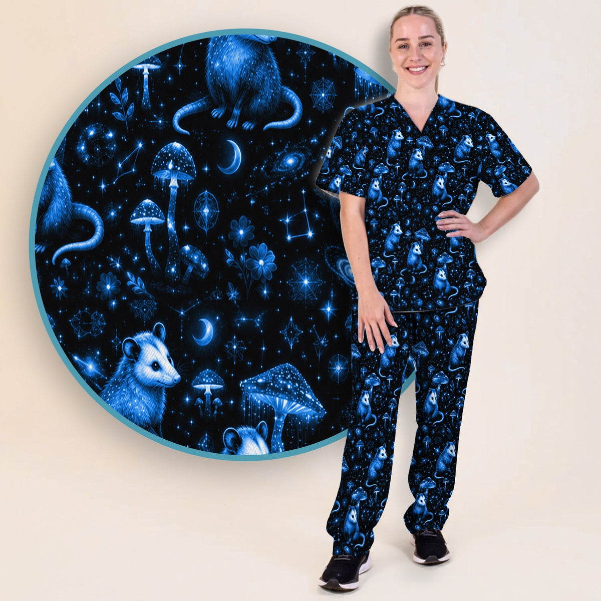 Celestial Blue Opossum Mushroom Nurse Scrub Set