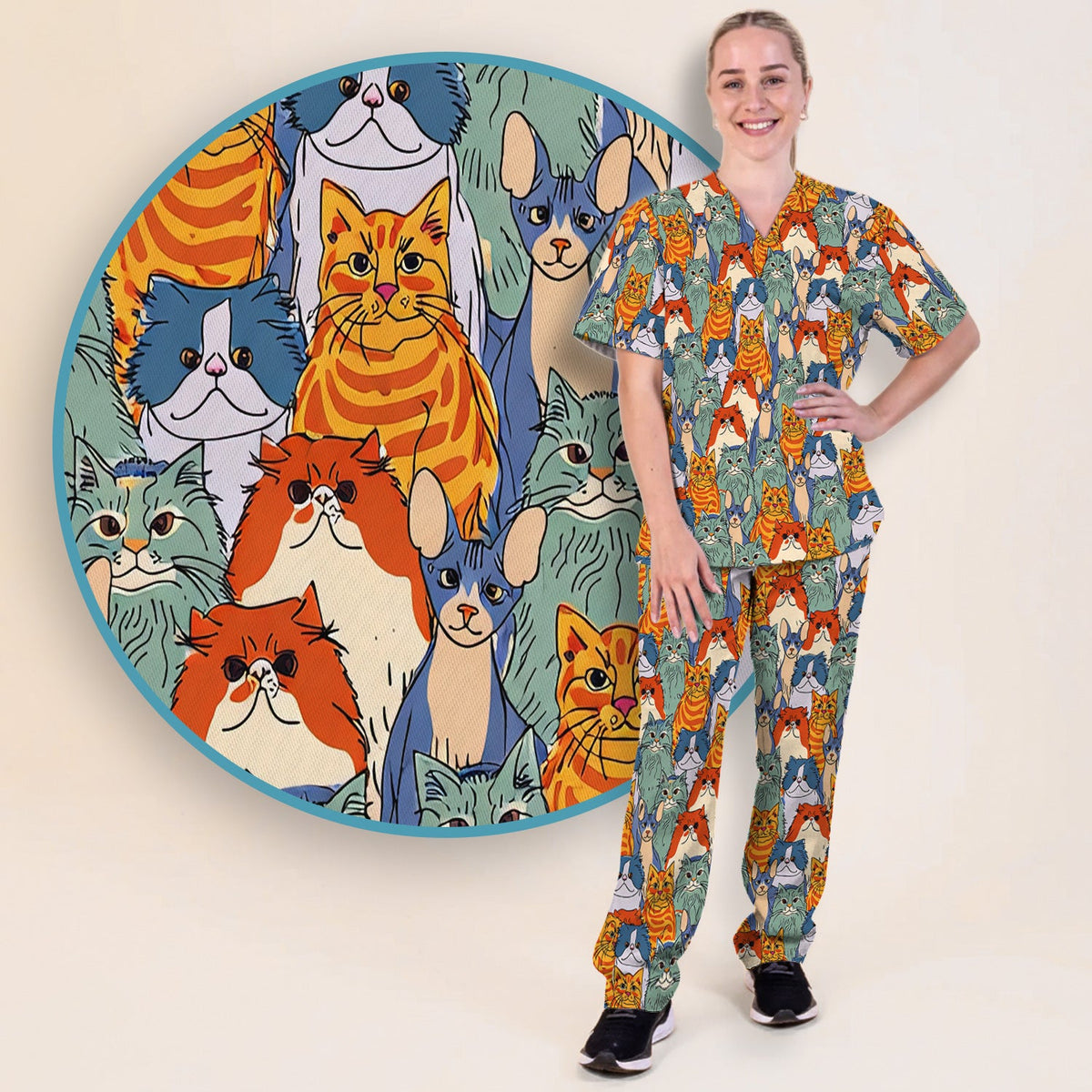 Multicolor Cat Faces Nurse Scrub Set