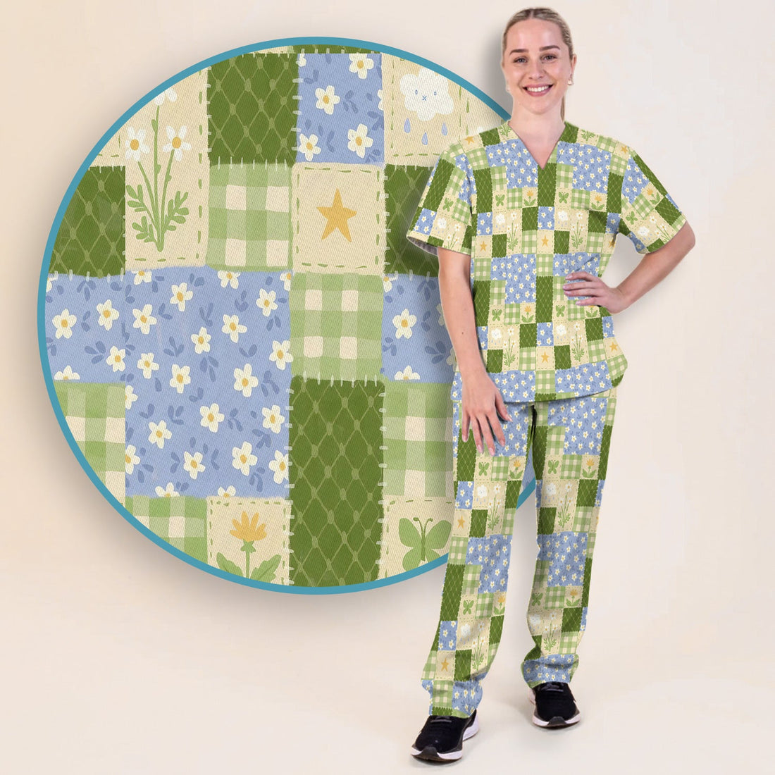Green Patchwork Clover Floral Nurse Scrub Set
