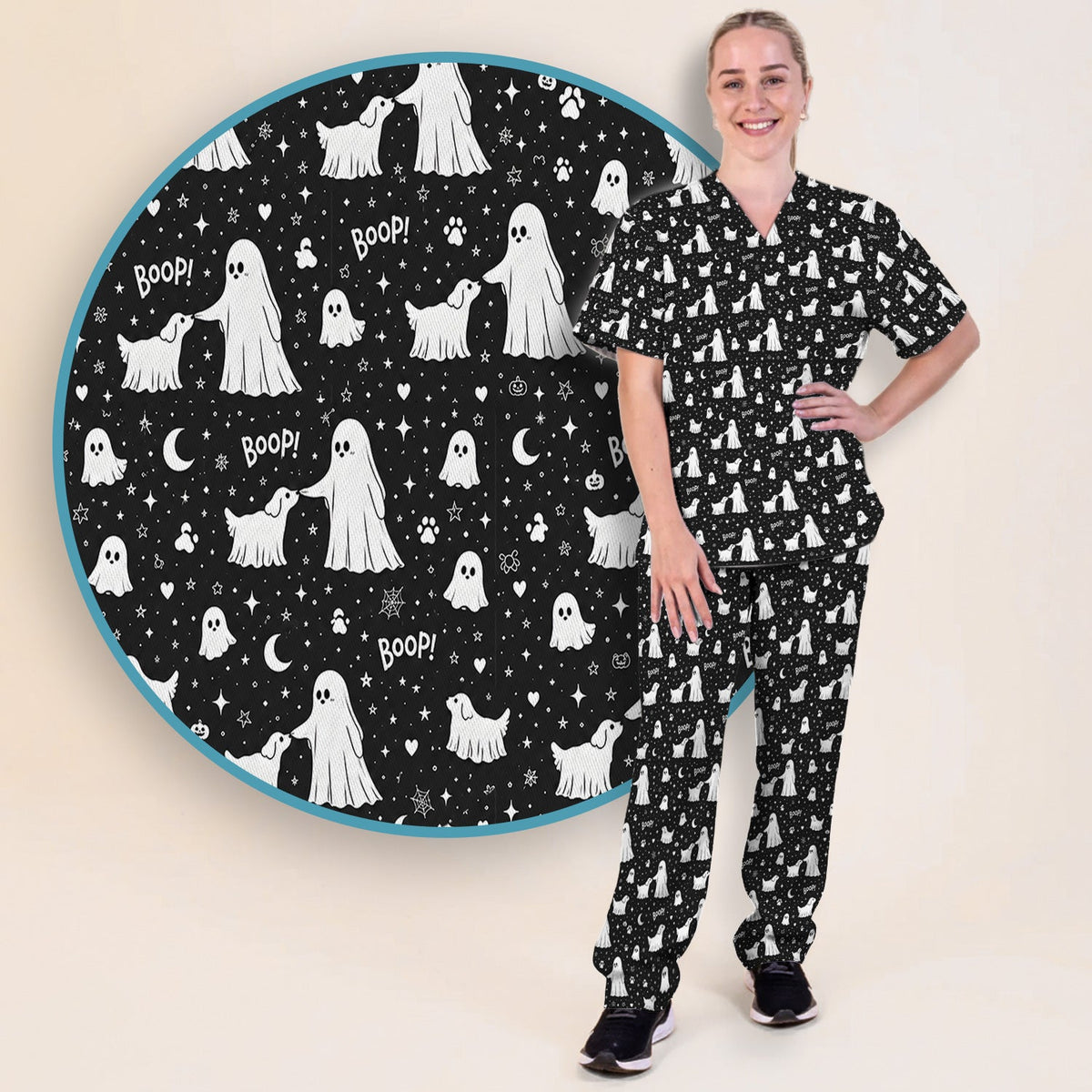 Ghost Boop Dog Nurse Scrub Set - Halloween Gift