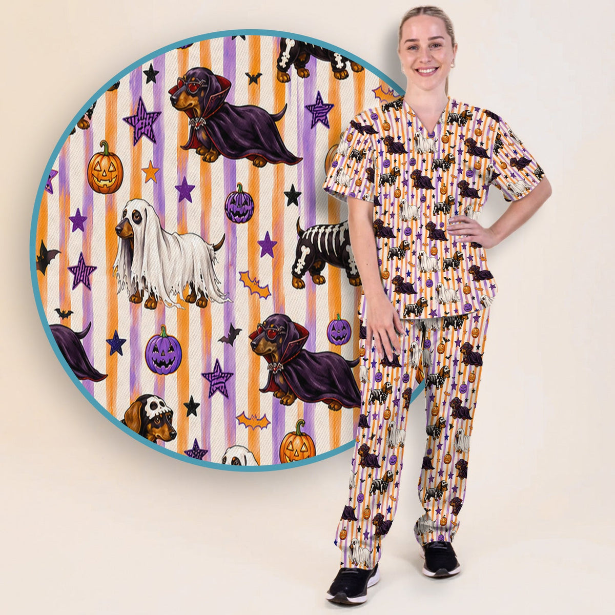 Dachshund Stripe Nurse Scrub Set - Halloween Gift