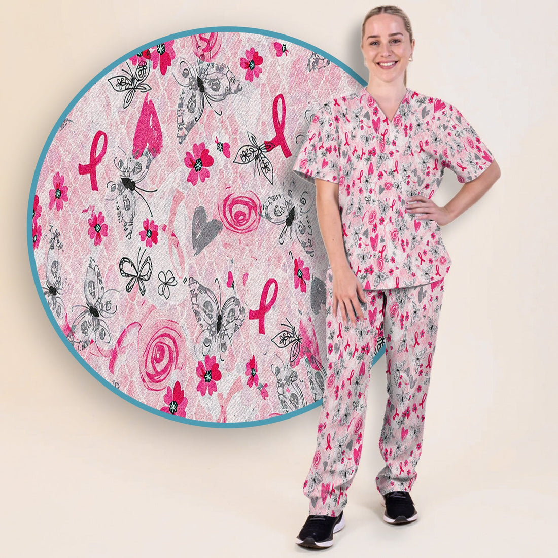Breast Cancer Awareness Butterfly Floral Nurse Scrub Set