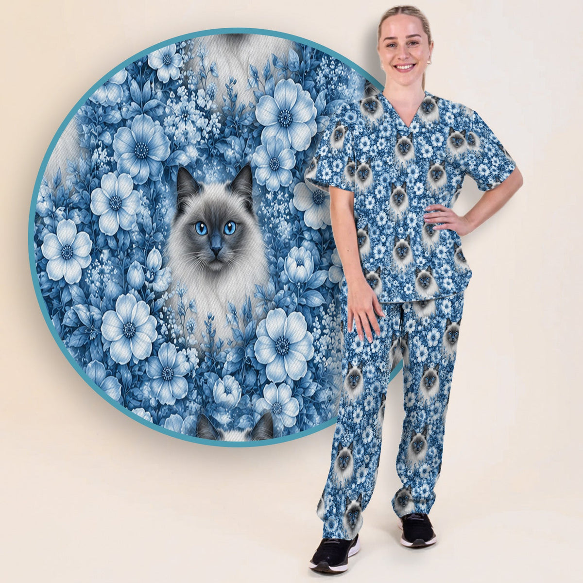 Blue Floral Ragdoll Cat Nurse Scrub Set