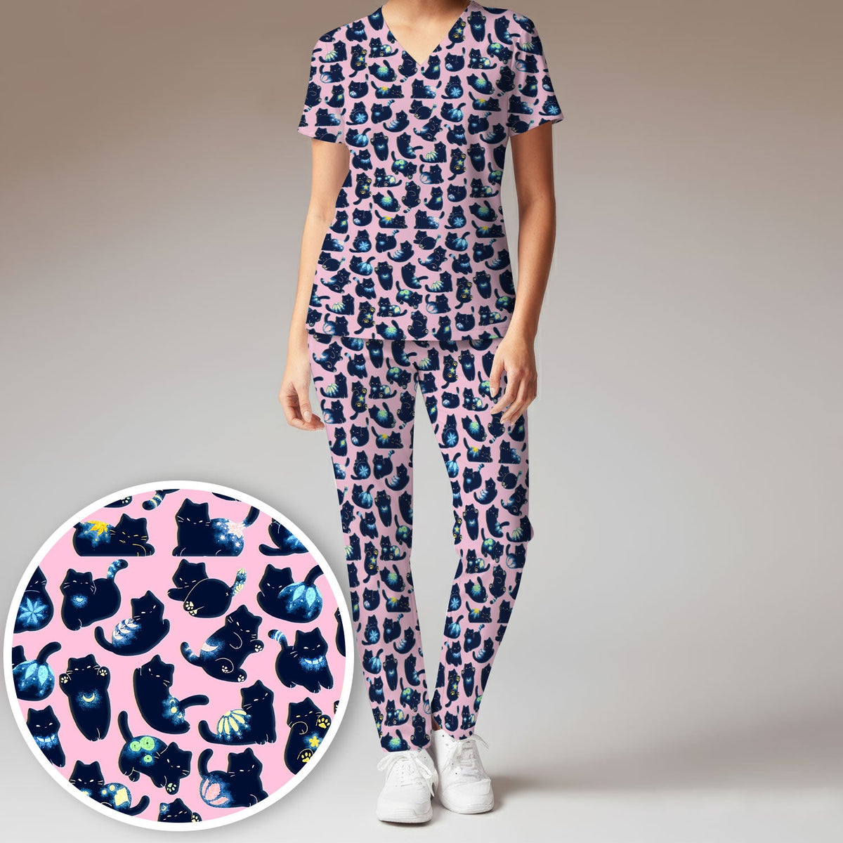 Midnight Black Cat Nurse Scrub Set