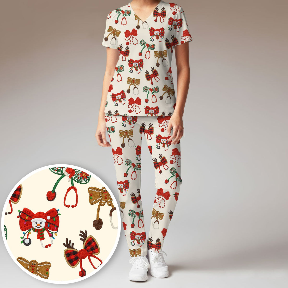Christmas Stethoscope Bow Nurse Scrub Set