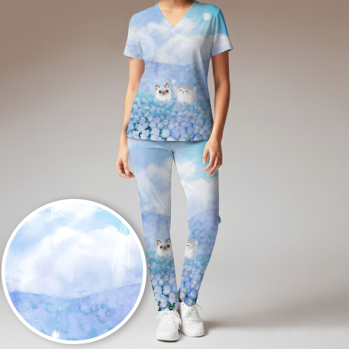 Dreamy Cat Cloud Hydrangea Nurse Scrub Set
