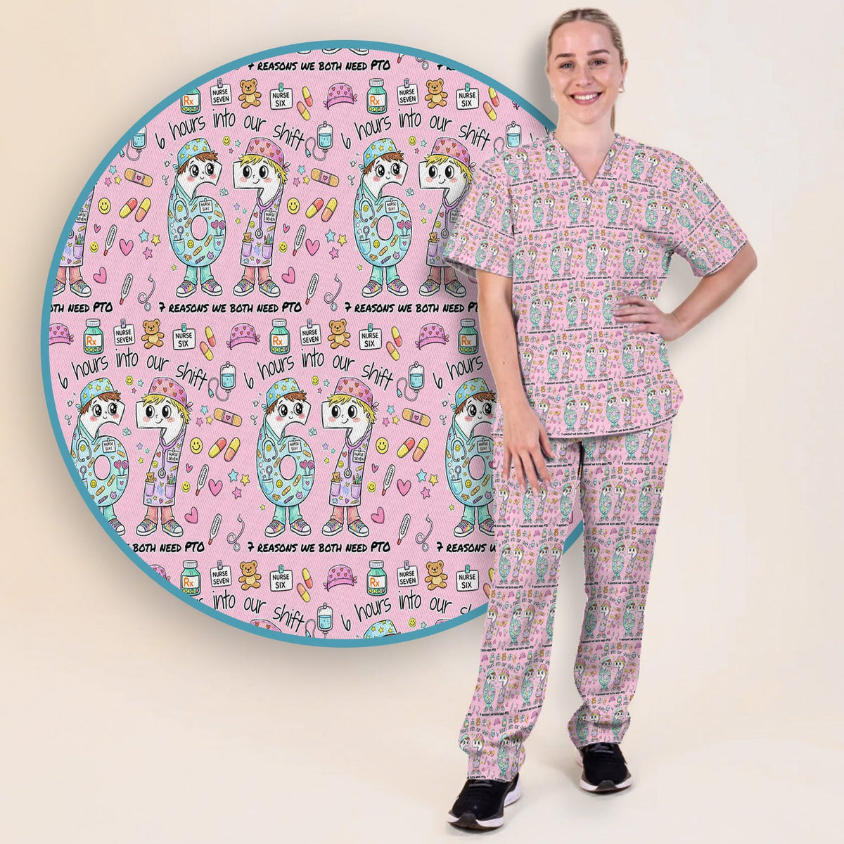 Six Hours Into Shift Beige Nurse Scrub Set