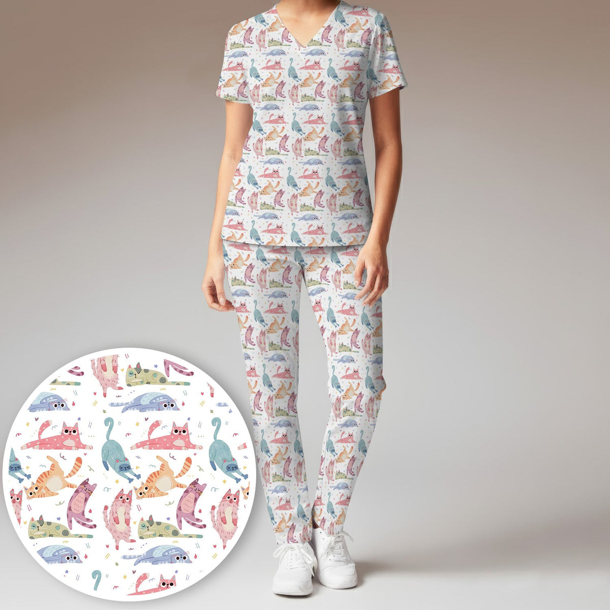 Funny Pastel Cat Pattern Medical Scrub Set, Breathable Fabrics Nursing Uniform