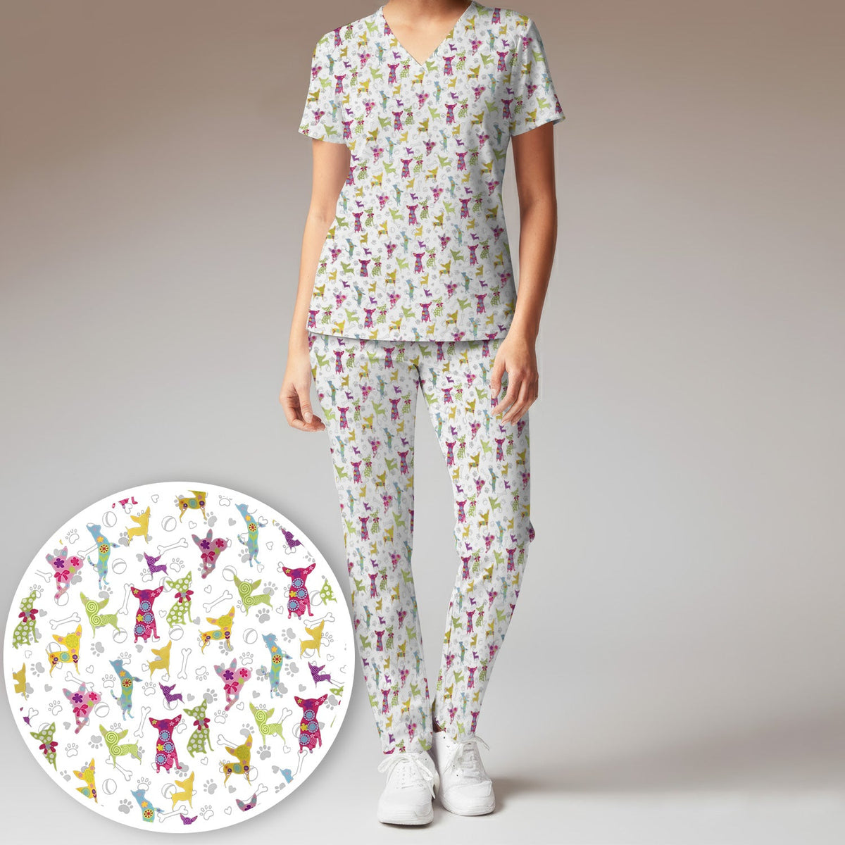 Colorful Playful Dog Nurse Scrub Set