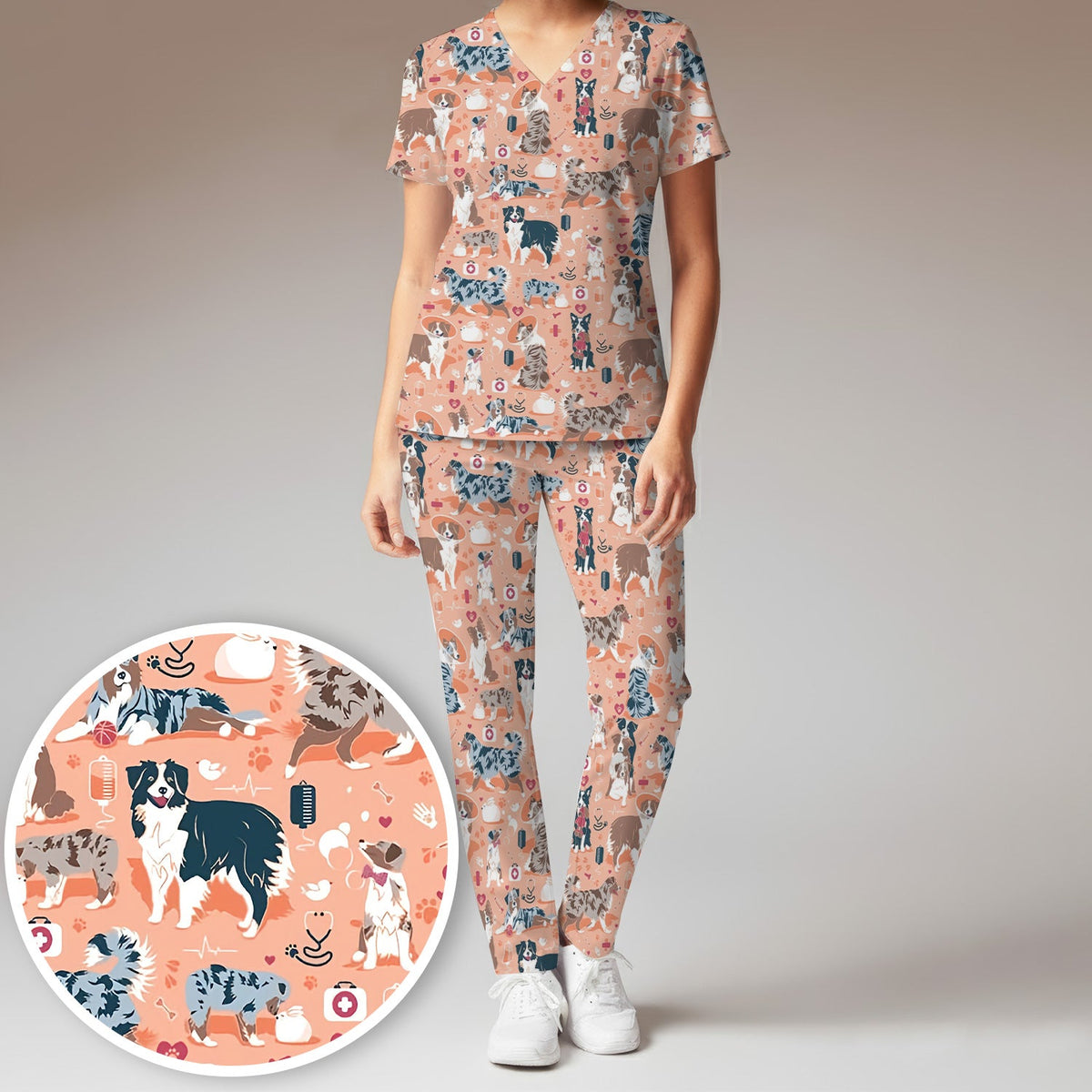 Cute Dog Pattern Women's Veterinary Scrub Set, Scrub Pants and V Neck Top