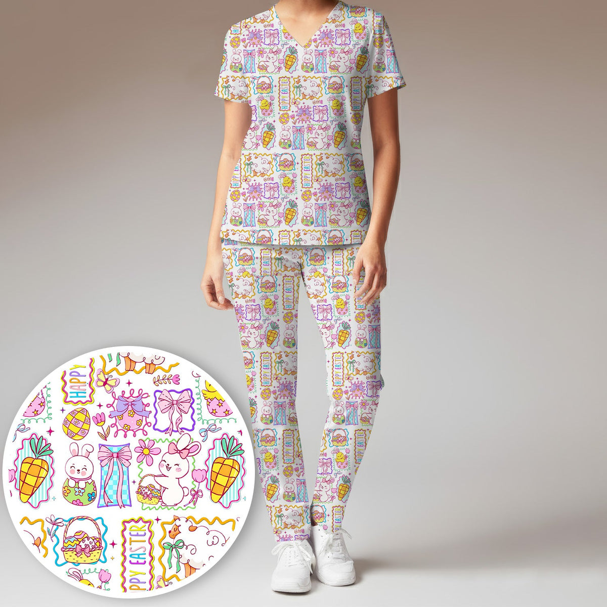 Cute Easter Bunny Egg and Bow Print Scrub Set, Scrub Pants and V Neck Top