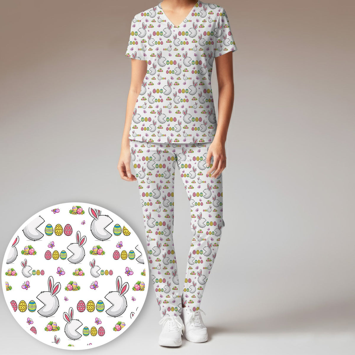 Bunny Colorful Eggs Nurse Scrub Set - Easter Gift